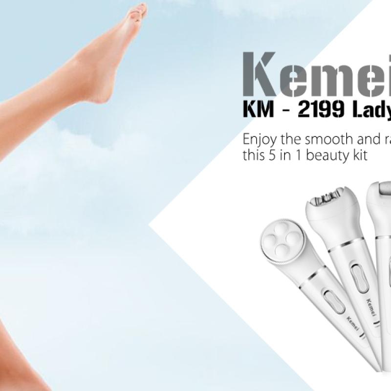 Kemei KM-2199 5 in 1 - ماكينة ازالة الشعر للسيدات 5 في 1 إزالة شعر الجسم والوجه والمناطق الحساسة مع المساج وتقشير لجلد الرجل الميت